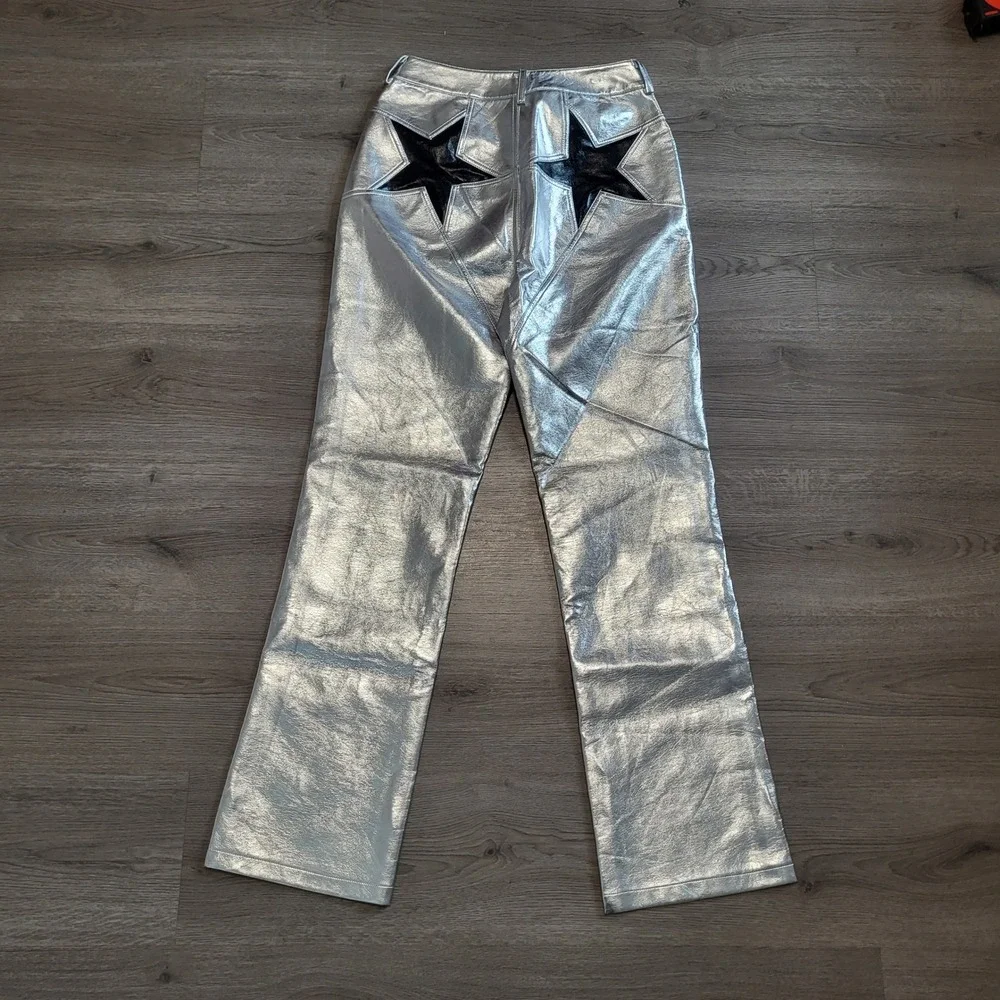 Nasty Gal Silver Metallic‎ Faux Leather Star Bum Patch Western Concert Pants 6